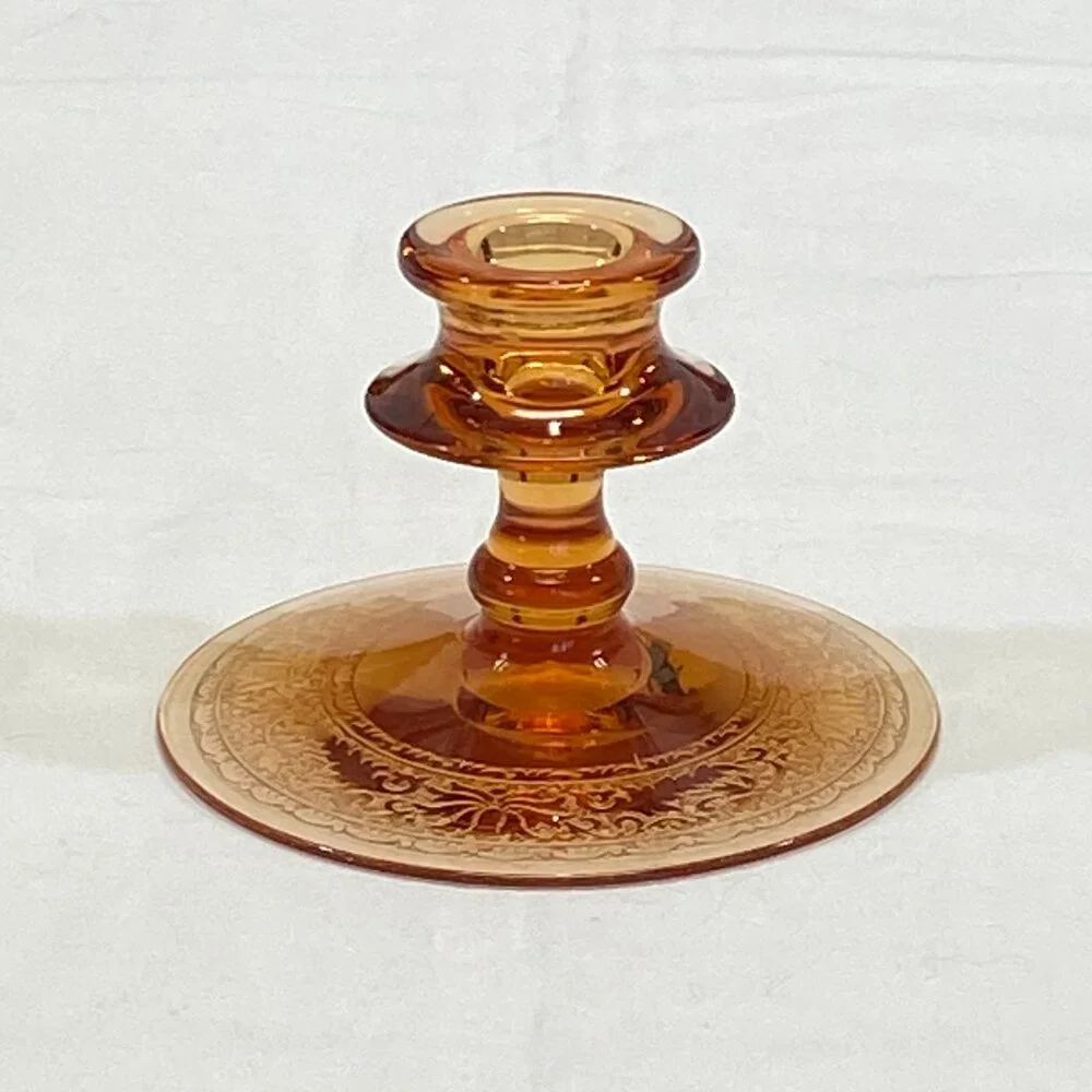 Fostoria Royal Amber Etched #2362 Single Candlestick Vintage Depression Glass